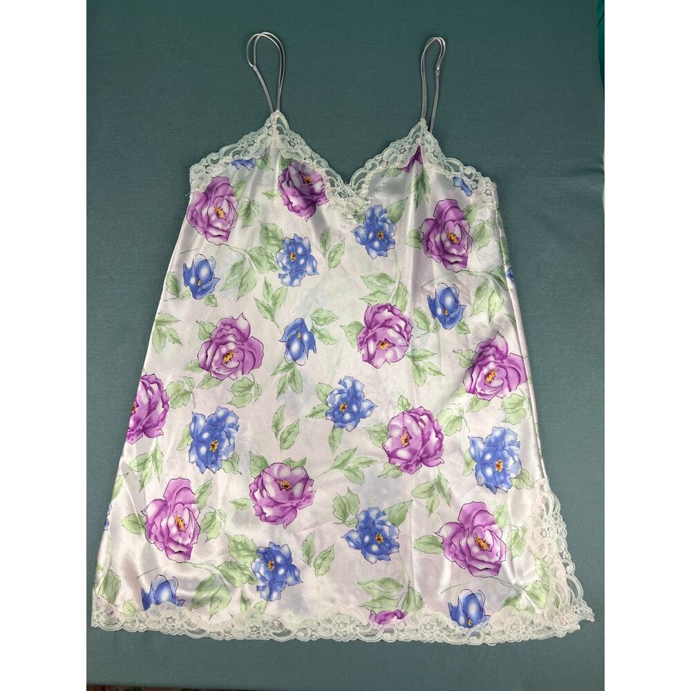 Vintage 90s Floral Satin Slip Dress‎ XL Pink Lace Trim Cottagecore Nightgown